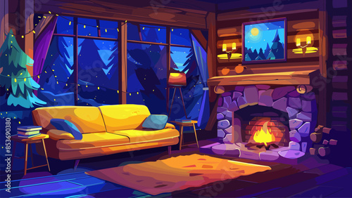 Cartoon night interior of the living room in a forest cabin with a fireplace and a soft yellow sofa. Cozy Cabin Interior Forest Retreat Nighttime Atmosphere Warm Fireplace