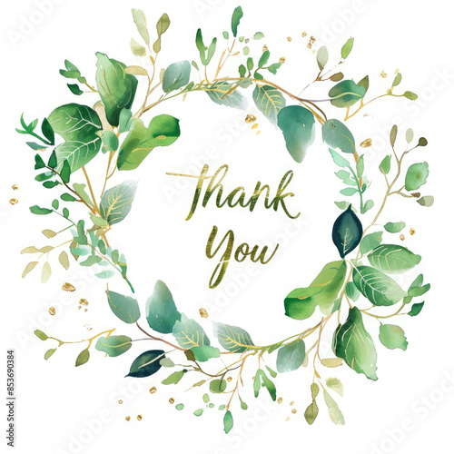 Thank you card in a wreath of lush green leaves with subtle gold accents on a white background