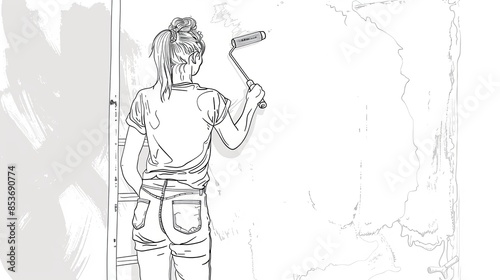 A single continuous line drawing of a woman painting a wall with a roller. A concept illustration for home repair, renovation, and freshening up. Generative AI