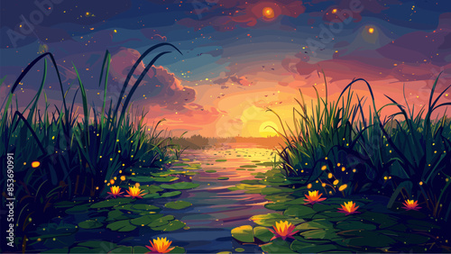Cartoon sunset on the marsh. Lush reeds and lilies on the water, fireflies flying in the air background. Tranquil Marshland Scene Serene Sunset Over the Marsh Vibrant Wetland