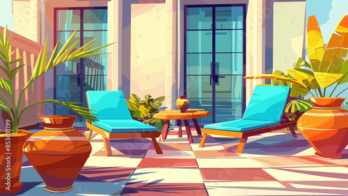 Cartoon terrace with sun loungers coffee table and large vases background Lounge Outdoor Furniture Relaxation Area Outdoor Living Space Scenic View Patio Decorative Accents Outdoor