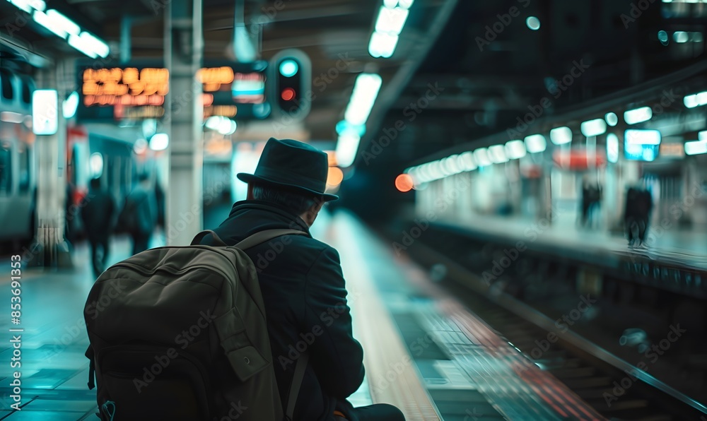 Man Waiting at Train Station, Generative AI Man Waiting at Train Station, Generative AI