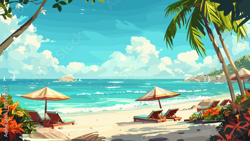 Cartoon The beach with sun loungers and beach umbrellas against the backdrop of the Ocean background. Luxury Resort Seaside Relaxation Coastal View Tropical Paradise Holiday
