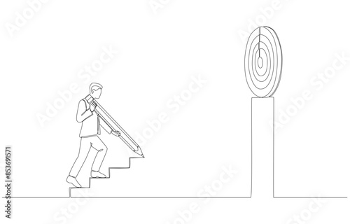 Continuous one line drawing of businessman drawing stair to target, ambition to reach business goal concept, single line art.