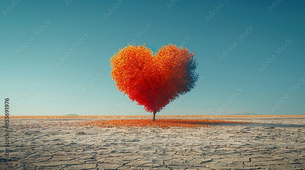 Fototapeta premium Isolated heart-shaped tree with orange and red gradient, blue sky in the background