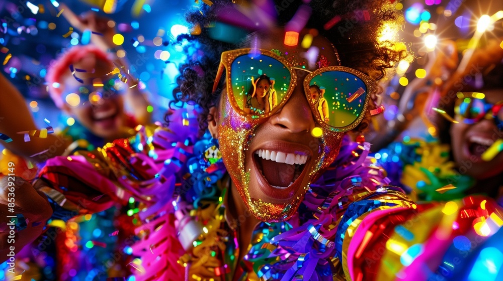 A joyful group of friends celebrating at a party with bright lights and decorations