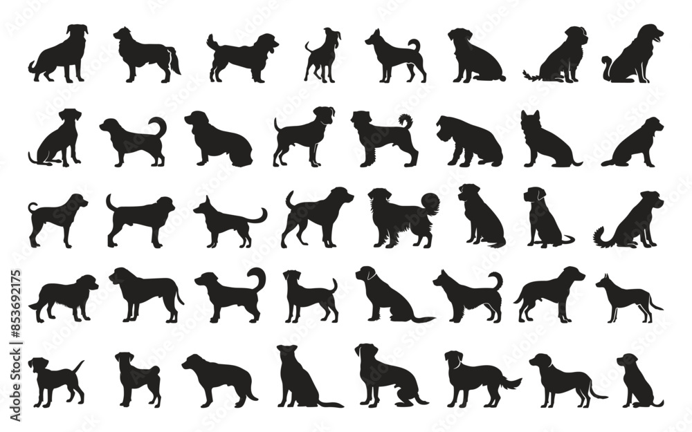 Dogs Black Silhouettes Icons Set. Minimalistic Style Vector Illustration Pet Canine Animal Shape Outline Simple Minimalist Design Domestic Creatures Puppy Graphics Clipart