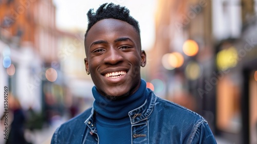 A portrait of an attractive young black man smiling on a street.