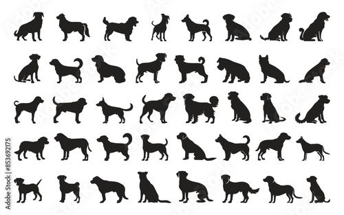 Dogs Black Silhouettes Icons Set. Minimalistic Style Vector Illustration Pet Canine Animal Shape Outline Simple Minimalist Design Domestic Creatures Puppy Graphics Clipart