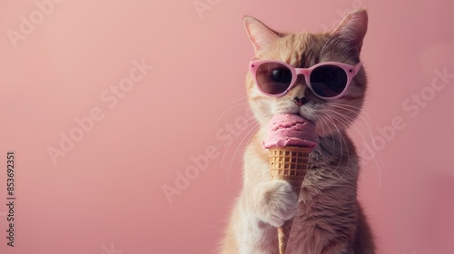 Cool Cat with Sunglasses Enjoying a Delicious Ice Cream Cone on a Warm Summer Day