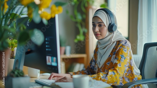 Modern work, hijabi woman working from home as personal assistant photo