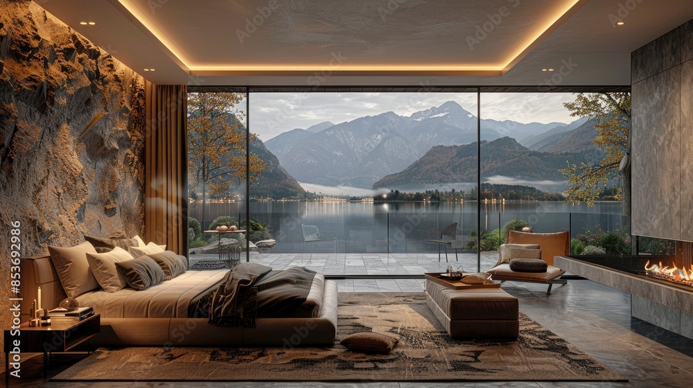A 3D Render Of A Bedroom With A Serene Lake View, Designed To Bring Natural Beauty Indoors, High Quality, HD A 3D Render Of A Bedroom With A Serene Lake View, Designed To Bring Natural Beauty Indoors, High Quality, HD