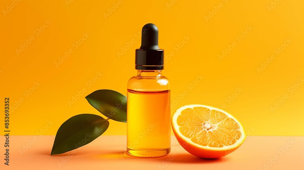 orange essential oil on a yellow background. Selective focus. Generative AI, orange essential oil on a yellow background. Selective focus. Generative AI,