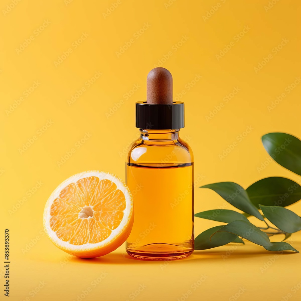 orange essential oil on a yellow background. Selective focus. Generative AI, orange essential oil on a yellow background. Selective focus. Generative AI,