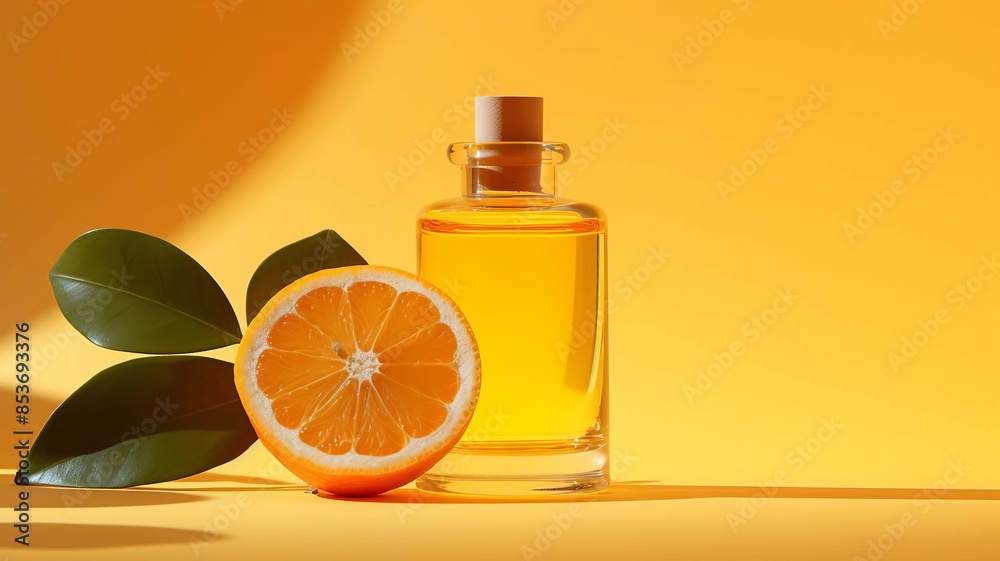 orange essential oil on a yellow background. Selective focus. Generative AI, orange essential oil on a yellow background. Selective focus. Generative AI,