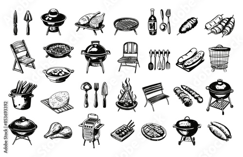 Engraving Style Different BBQ Accessories Icons Set. Black Icons on White Background. Barbecue Tools Grilling Utensils Cooking Equipment Vintage Illustrations BBQ Gear