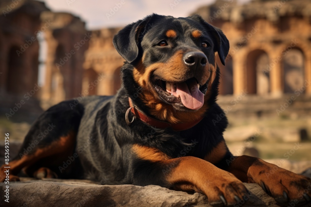Portrait of a happy rottweiler in front of backdrop of ancient ruins Portrait of a happy rottweiler in front of backdrop of ancient ruins