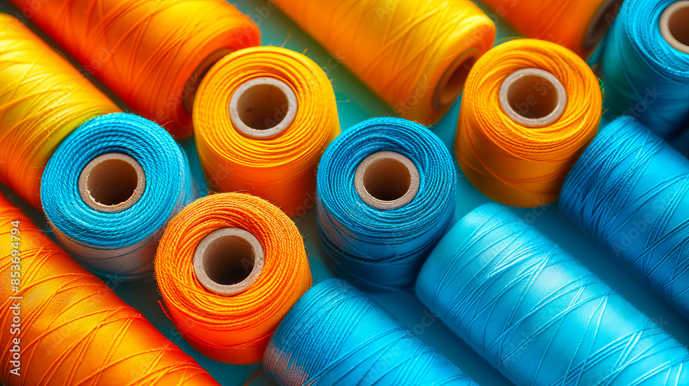 Colorful sewing threads on turquoise background Colorful sewing threads on turquoise background