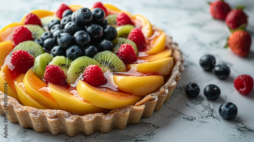 A vibrant fruit tart is lavishly adorned with fresh kiwis, blueberries, raspberries, and gleaming peach slices on a creamy base A vibrant fruit tart is lavishly adorned with fresh kiwis, blueberries, raspberries, and gleaming peach slices on a creamy base