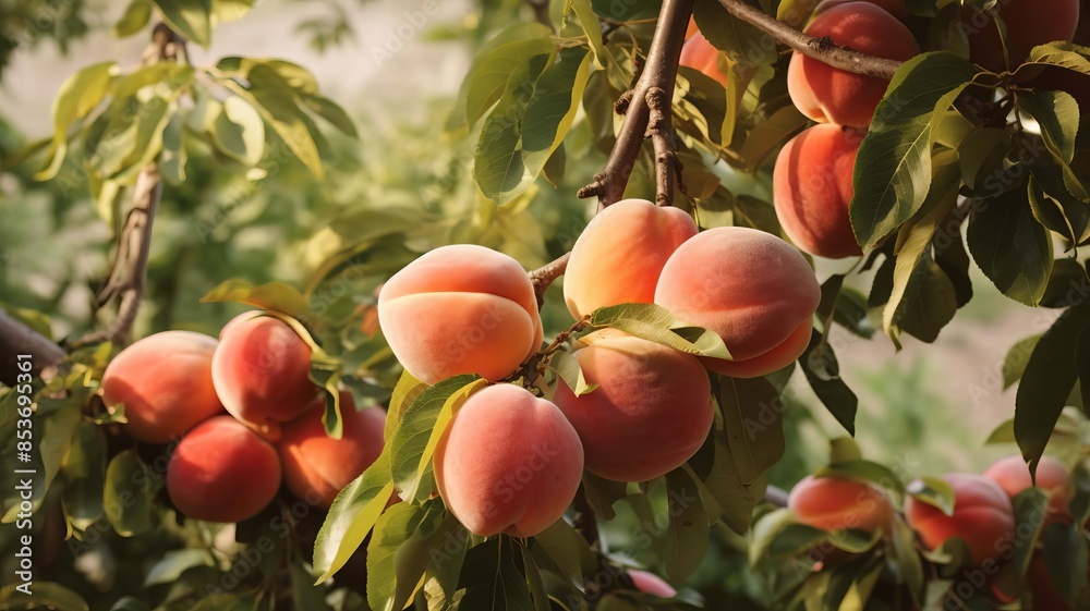peach grows on a tree. selective focus. Generative AI, peach grows on a tree. selective focus. Generative AI,