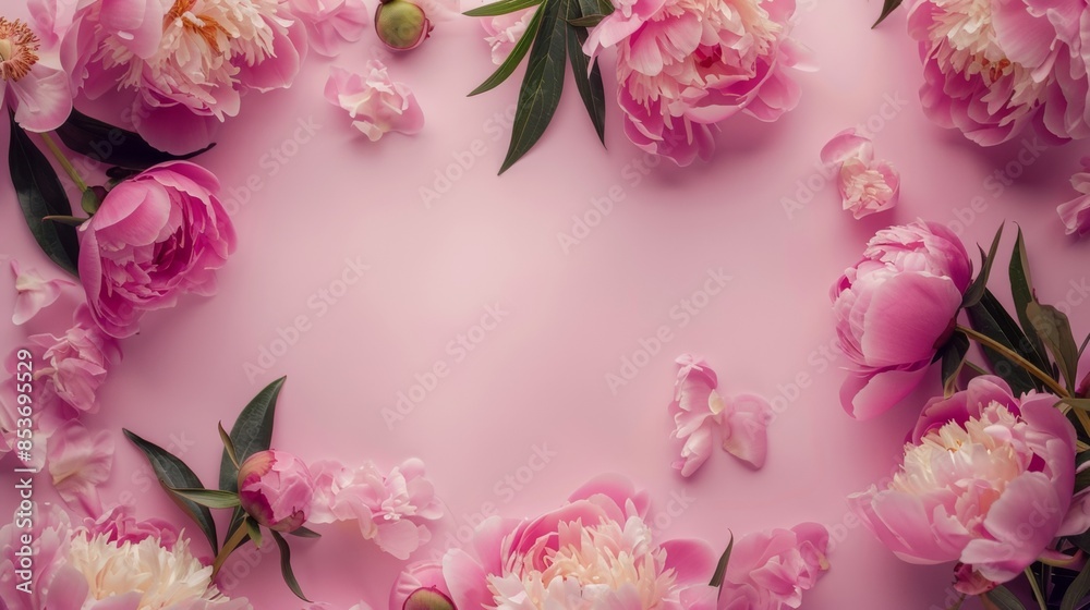 Pink peonies with petals scattered on a matching background Pink peonies with petals scattered on a matching background
