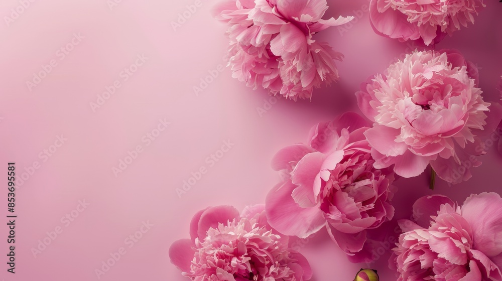 Pink peonies with petals scattered on a matching background Pink peonies with petals scattered on a matching background