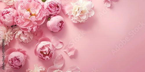 Pink peonies with petals scattered on a matching background