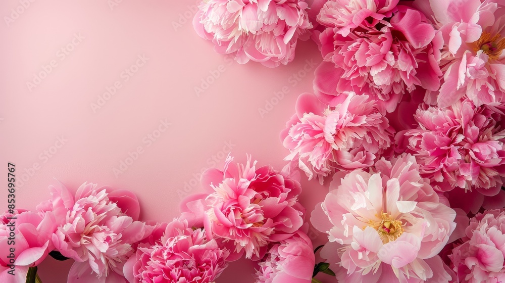 Pink peonies with petals scattered on a matching background Pink peonies with petals scattered on a matching background