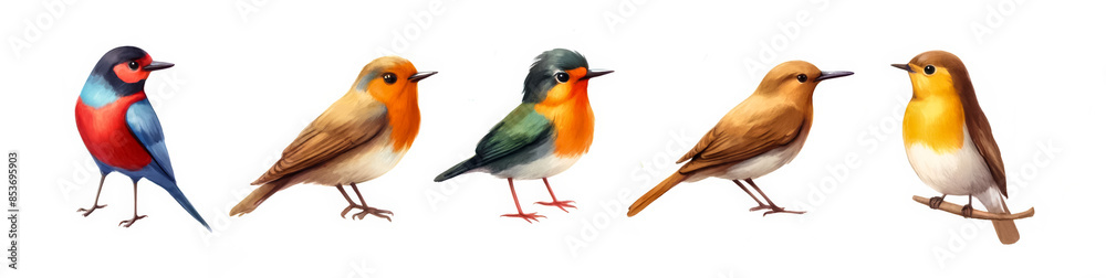 Illustration of five colorful, diverse songbirds perched in a row, ideal for nature, wildlife, avian studies, and spring-themed designs