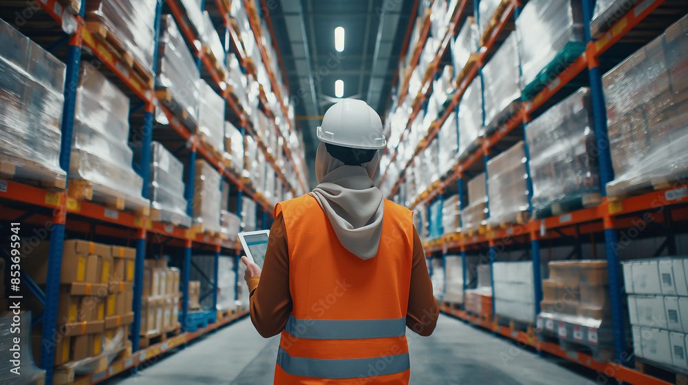 Professional Hijabi Woman Using Tablet for Warehouse Product Inspection Professional Hijabi Woman Using Tablet for Warehouse Product Inspection