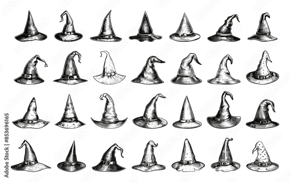 Engraving Style Witch Hats of Different Shapes Icons Set. Hand Drawn Simple Style Black Icons on White Background Halloween Costume Accessories Witchcraft Symbols Witch Hat