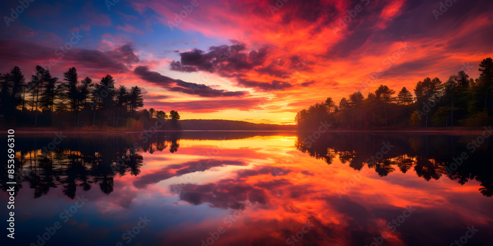 A beautiful sunset with hues of orange, pink, and purple, reflected on a tranquil lake