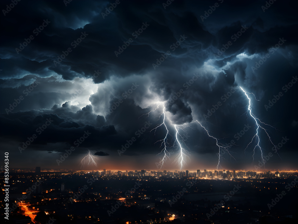 A dramatic thunderstorm with dark clouds and lightning striking in the distance over a cityscape A dramatic thunderstorm with dark clouds and lightning striking in the distance over a cityscape