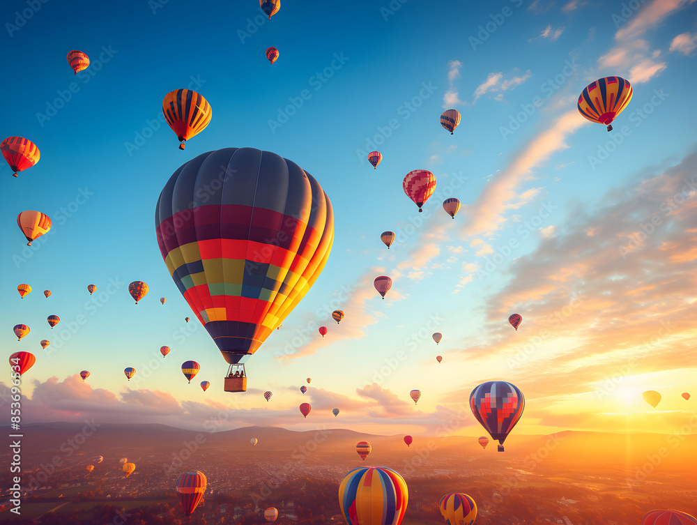Hot air balloons of various colors floating in the sky during a clear morning Hot air balloons of various colors floating in the sky during a clear morning