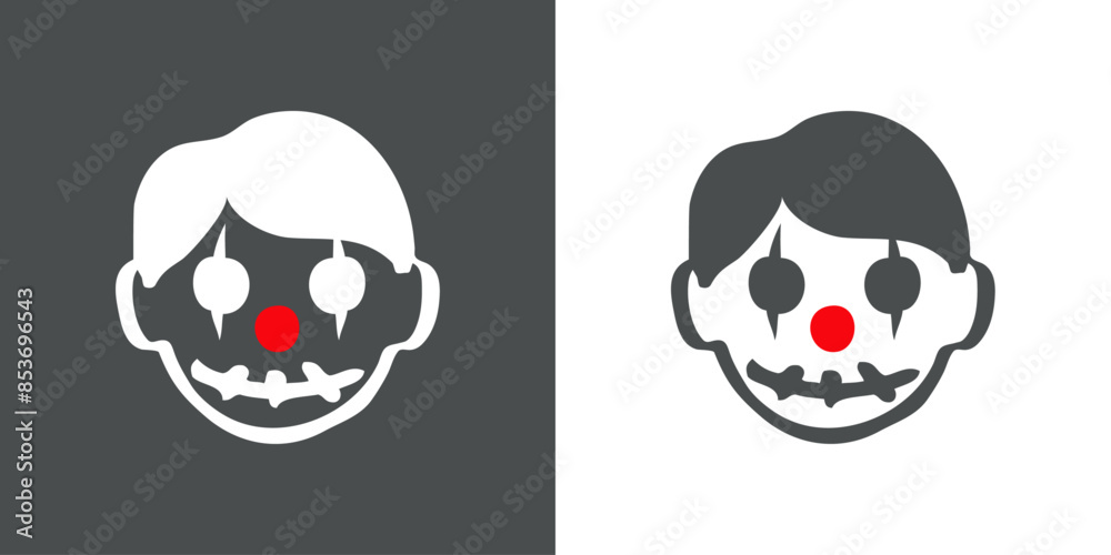 Obraz premium Logo con emoticono de zombi payaso para invitaciones y tarjetas de Halloween. Cabeza de zombi con maquillaje de payaso como personaje emoji