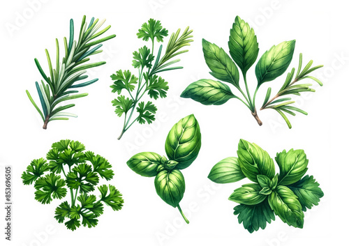 Illustrated collection of fresh culinary herbs including rosemary, parsley, and basil, ideal for concepts of gardening, healthy eating, and Mediterranean cuisine