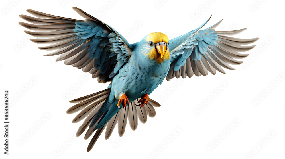Fototapeta premium Budgerigar bird PNG. Colorful bird with luscious feathers PNG. Blue and yellow budgerigar caught in flight PNG. Budgerigar bird
