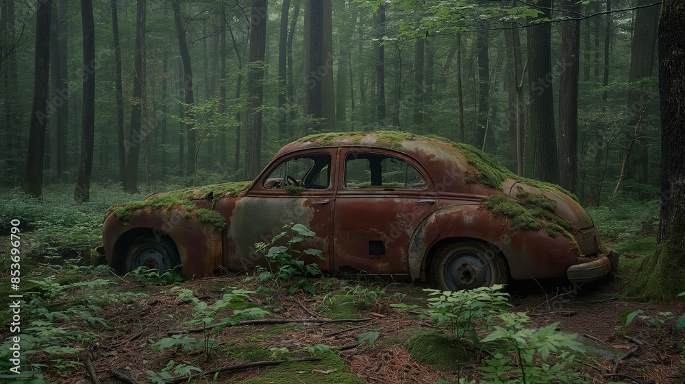 Abandoned Rusty Car Covered in Moss Within a Misty Forest
