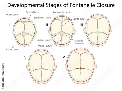 developmental stages of fontanelle closure in infants, detailing sutures and bone structure of the skull diagram hand drawn schematic raster illustration. Medical science educational illustration