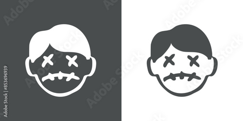 Logo con emoticono de zombi triste para invitaciones y tarjetas de Halloween. Cabeza de zombi con expresión triste como personaje emoji