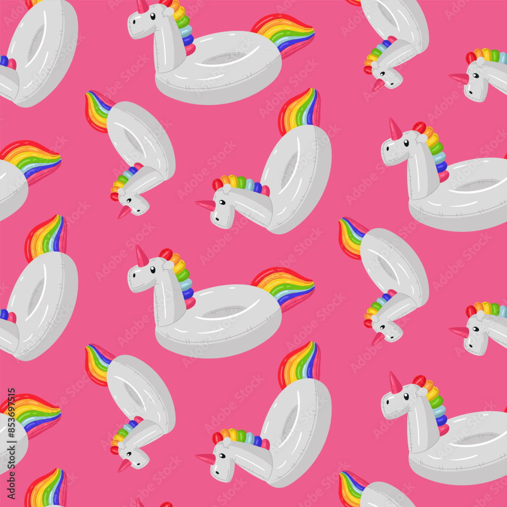 Obraz premium pattern with a swimming circle in the form of a white unicorn with a large long horn on a pink, large floating animal. Animal-shaped swimming circle is perfect for a summer themed pool party. Seamless