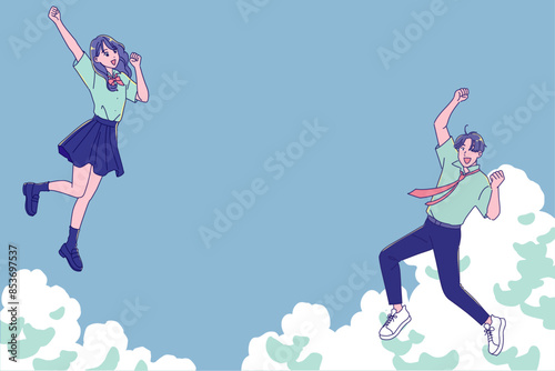 笑顔で走り出す男女の学生