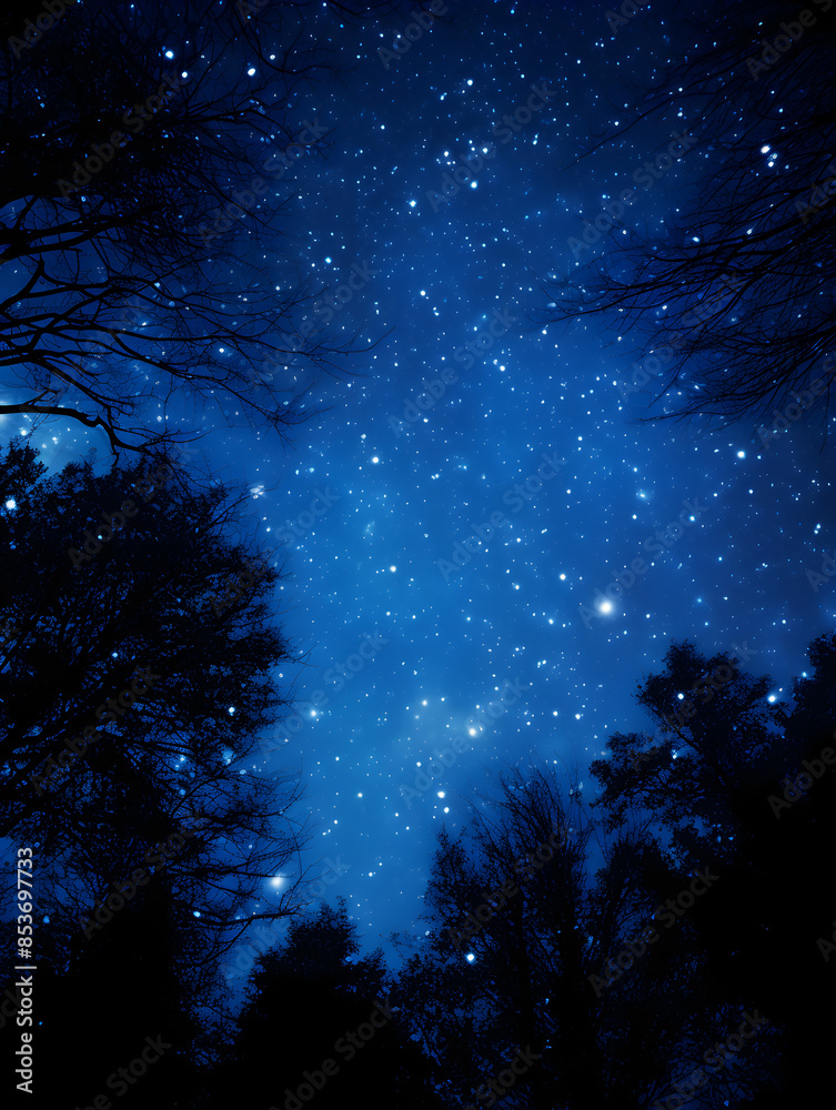 A clear night sky filled with stars and the Milky Way visible, with silhouettes of trees in the foreground A clear night sky filled with stars and the Milky Way visible, with silhouettes of trees in the foreground
