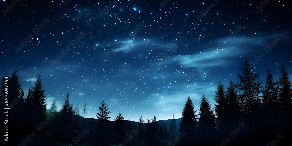 A clear night sky filled with stars and the Milky Way visible, with silhouettes of trees in the foreground A clear night sky filled with stars and the Milky Way visible, with silhouettes of trees in the foreground