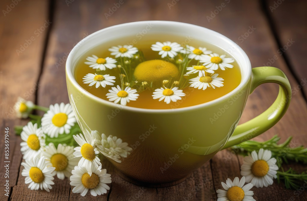 Chamomile herbal summer tea on wooden table. Healthy healing drink Chamomile herbal summer tea on wooden table. Healthy healing drink