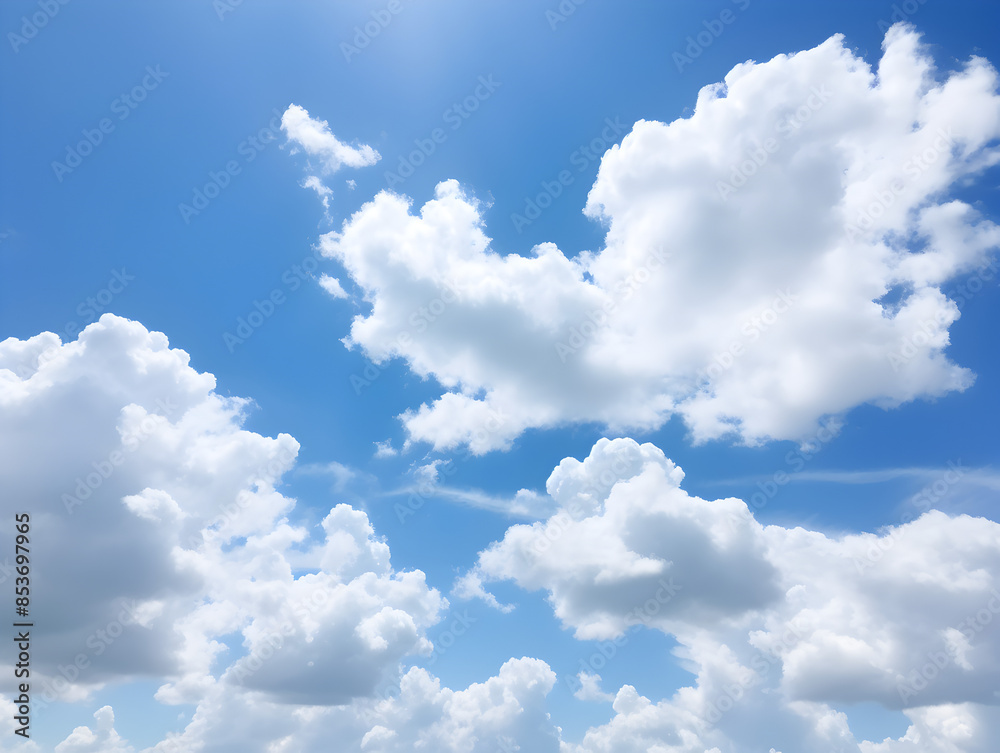 Fototapeta premium Puffy white clouds drifting across a bright blue sky on a sunny day