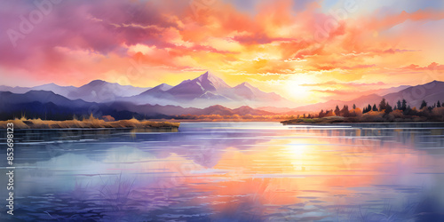 Illustration of sunset with hues of orange, pink, and purple, reflected on a tranquil lake