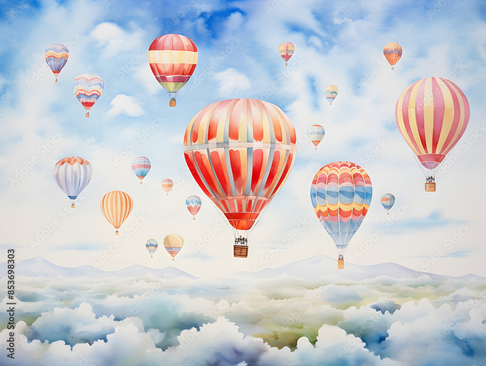 Naklejka premium Watercolor illustration of hot air balloons of various colors floating in the sky 
