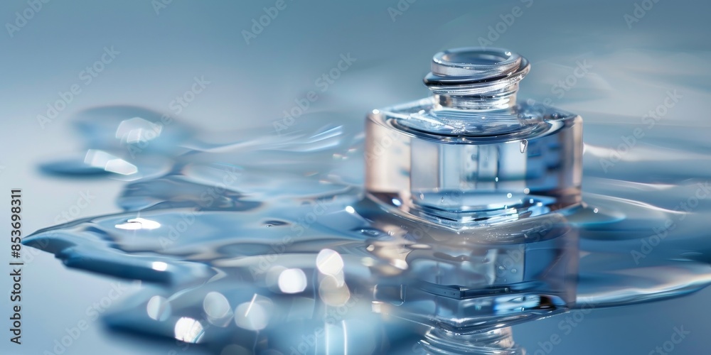 A bottle of perfume is floating on top of a puddle of water