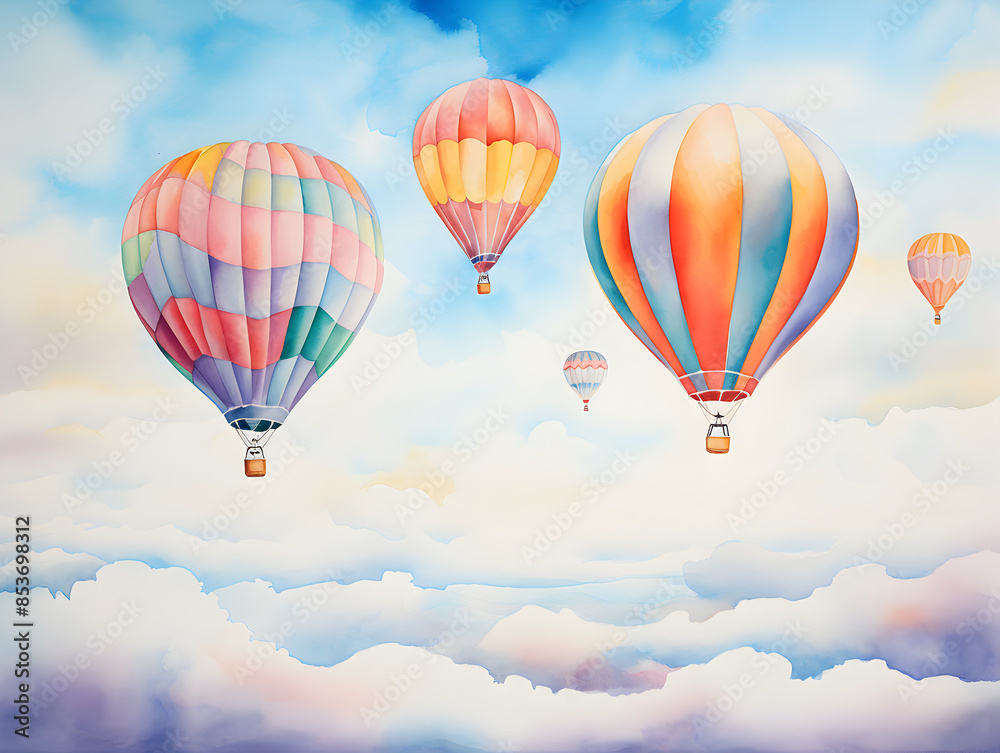 Naklejka premium Watercolor illustration of hot air balloons of various colors floating in the sky 
